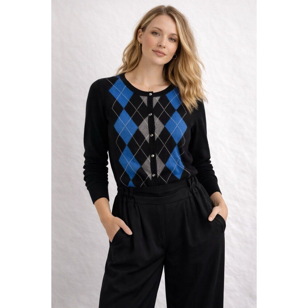 APT 9 100% Cashmere Cardigan Womens S Argyle Blue Black Soft Luxury Knit
